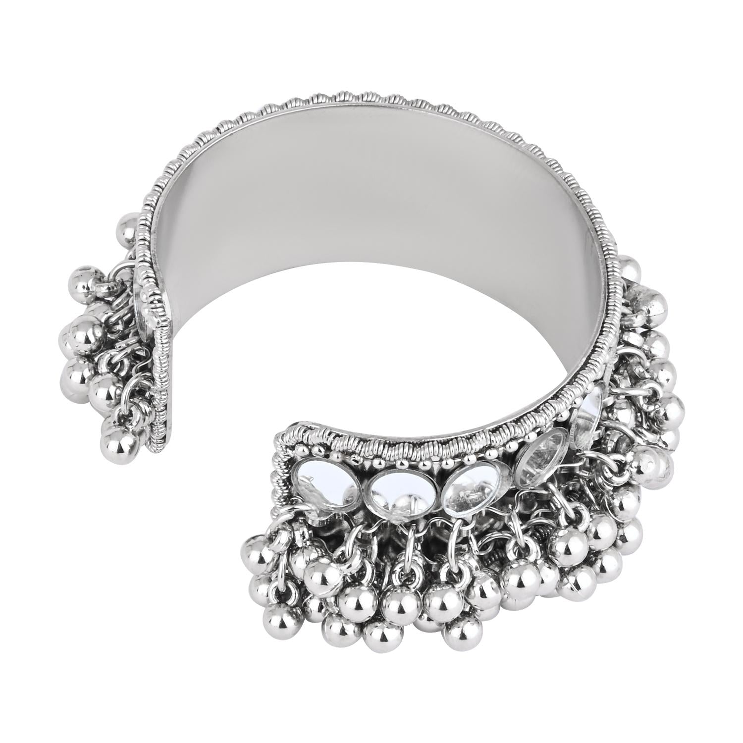 Etnico Navratri Ethnic Silver Oxidised Afghani Ghungroo Adjustable Cuff Kada Bracelet For Women (Style-2)