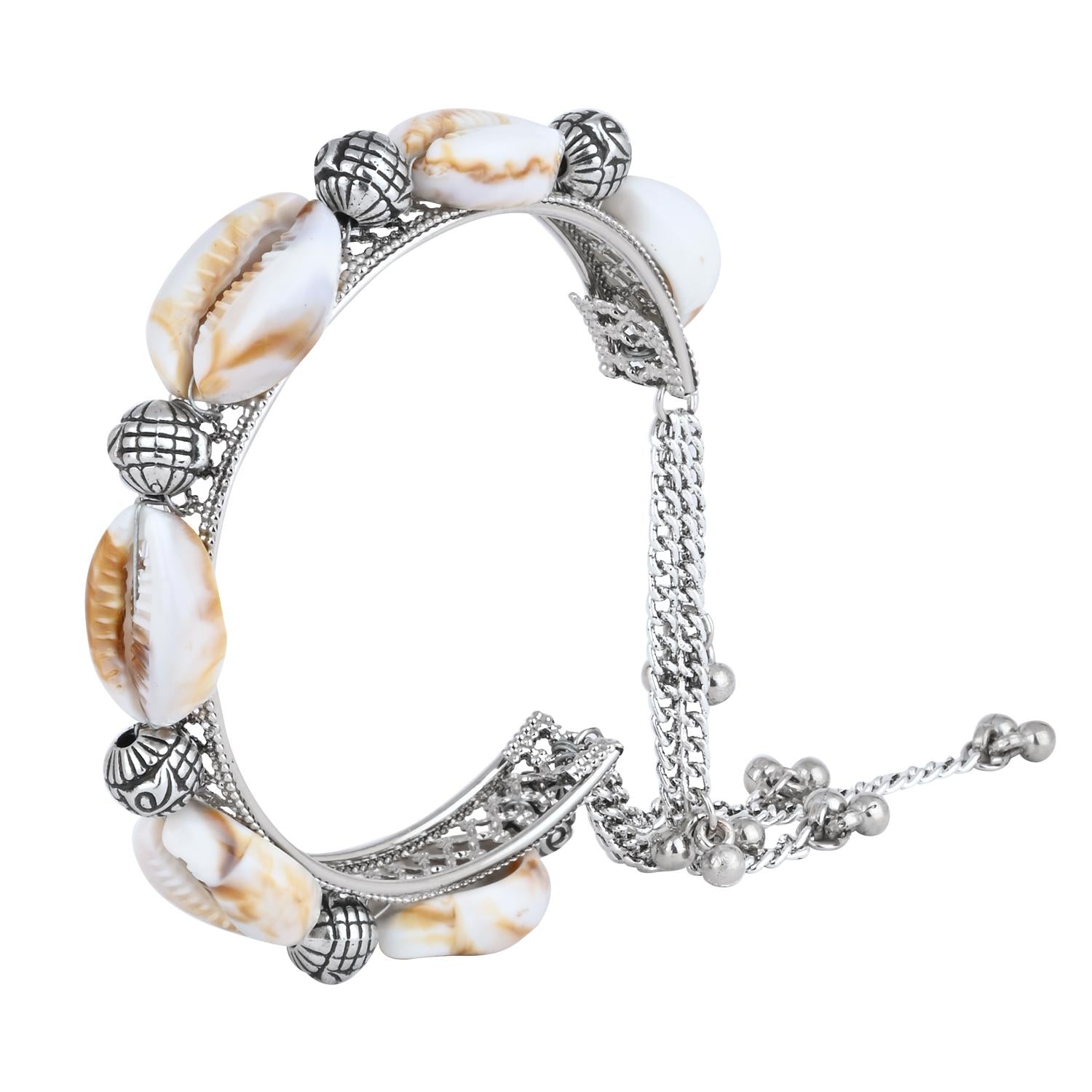 Etnico Navratri Ethnic Silver Oxidised Afghani Boho Cowrie Shell Adjustable Cuff Kada Bracelet For Women