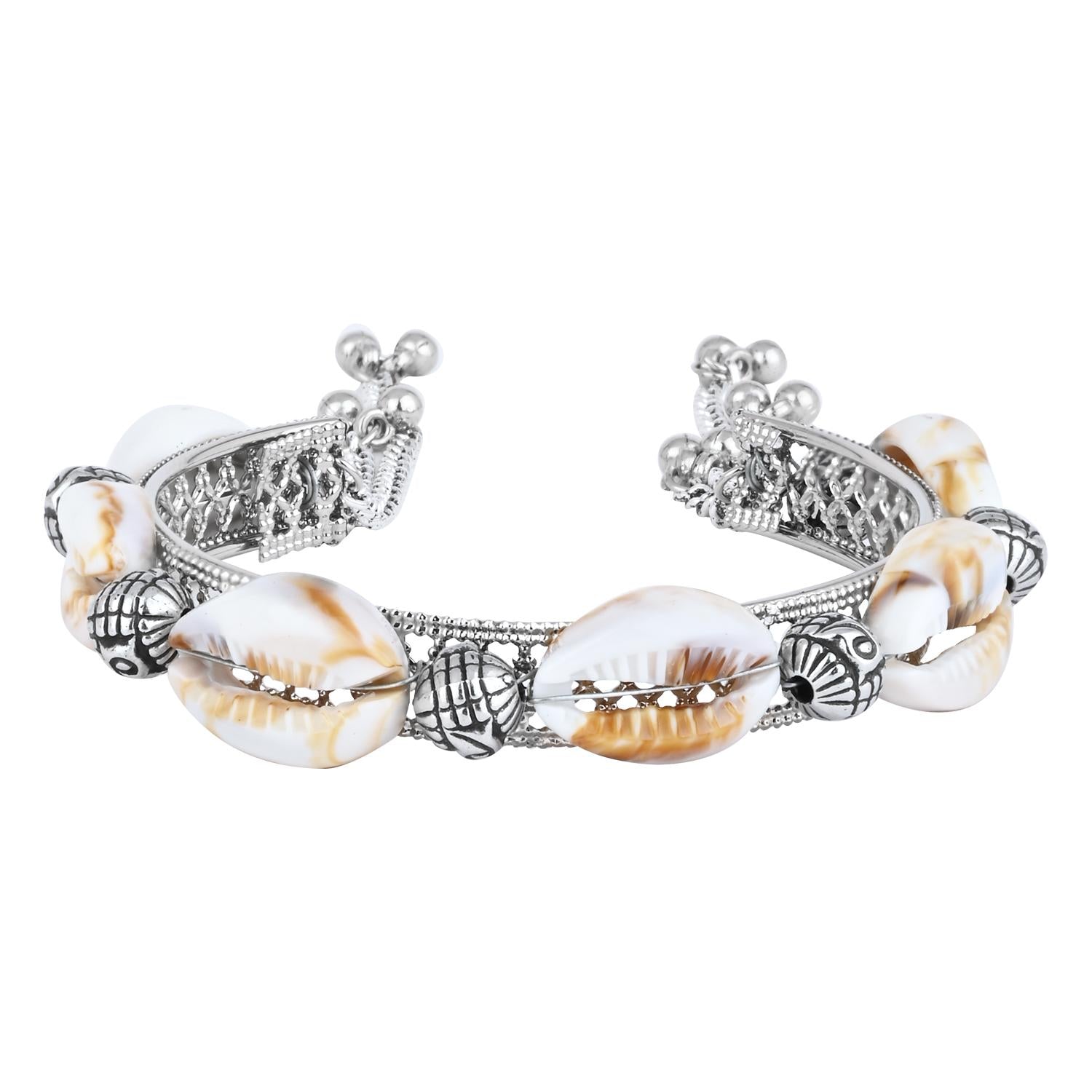 Etnico Navratri Ethnic Silver Oxidised Afghani Boho Cowrie Shell Adjustable Cuff Kada Bracelet For Women