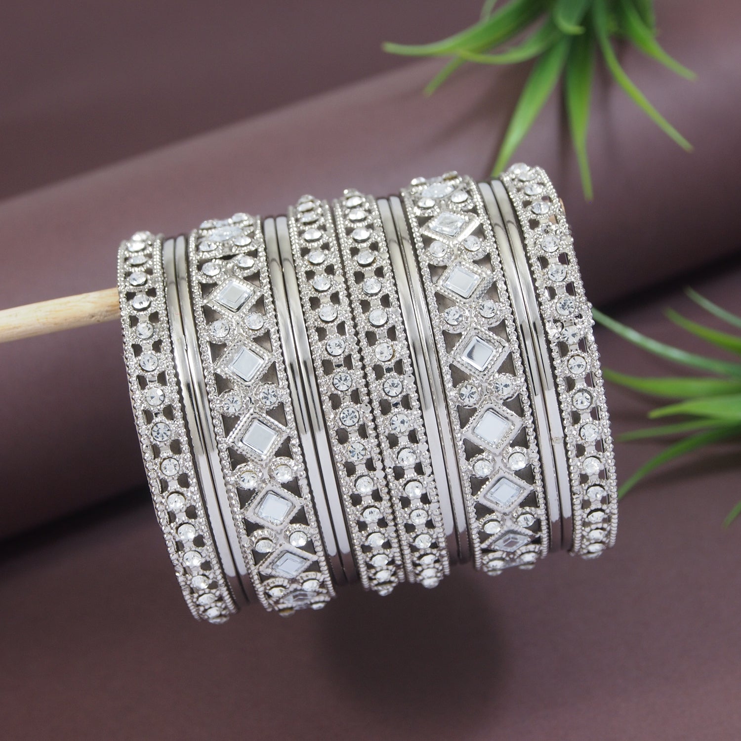 Etnico Navratri Ethnic Stylish Latest Fashion Silver Plated Stone & Mirror Work Bangles Set For Women (ADB531)