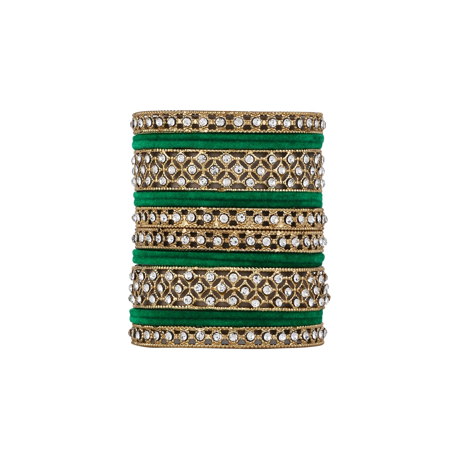 Etnico Gold Plated Traditional Royal Emerald Velvet Chuda Bangle Set Kada for Bridal/Women (Green, 2.4)