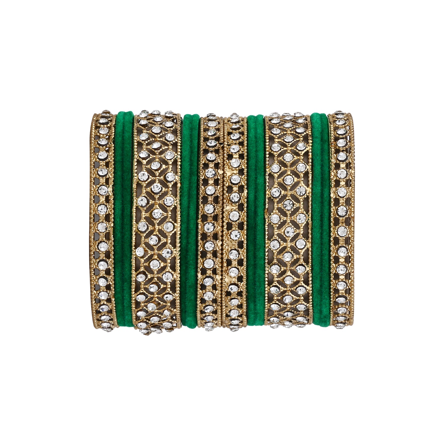 Etnico Gold Plated Traditional Royal Emerald Velvet Chuda Bangle Set Kada for Bridal/Women (Green, 2.4)