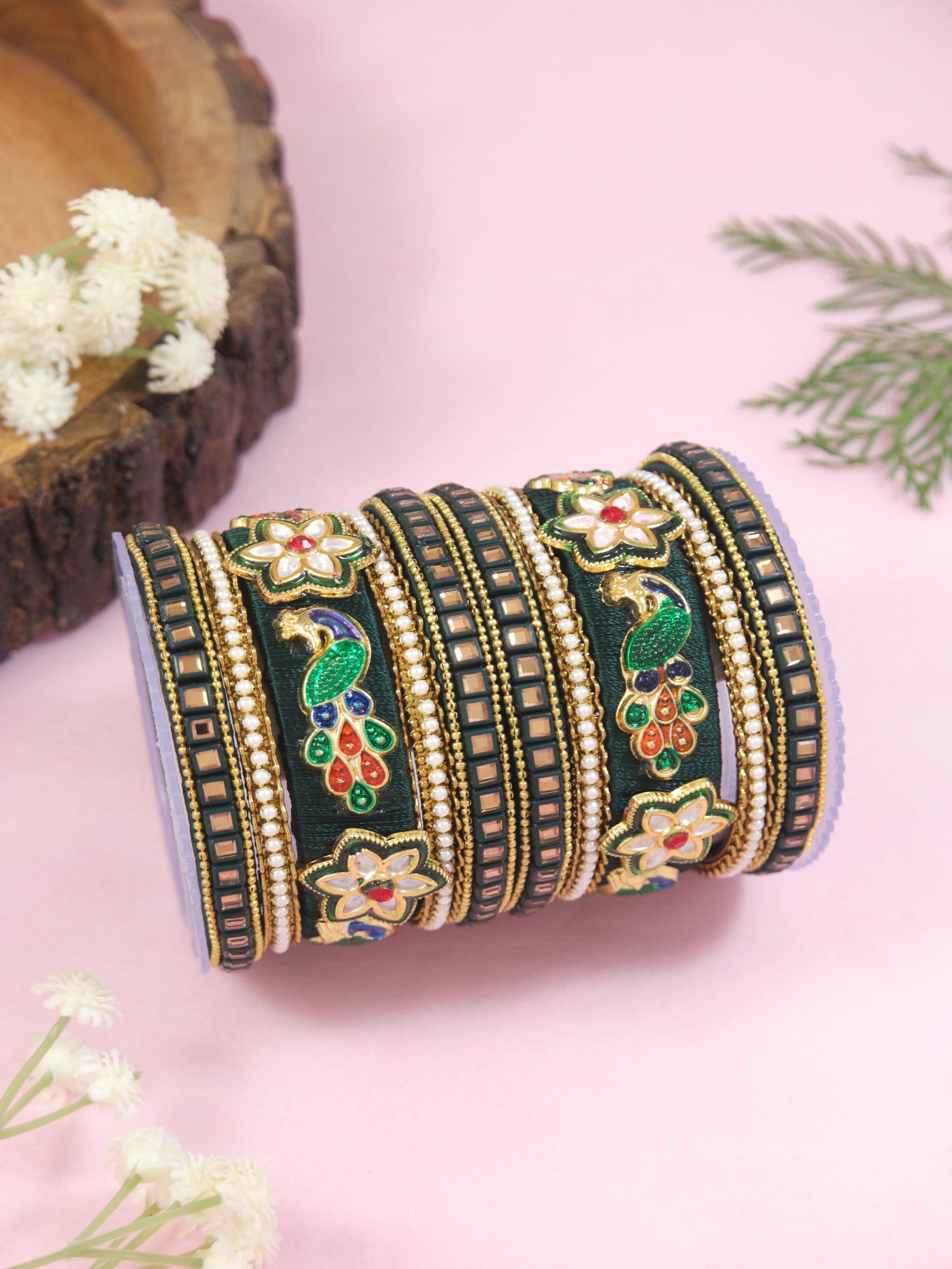 Etnico Gold Plated Traditional Silk Thread Handcrafted Meenakari Peacock Motif Bangles Chuda Bangle Set for Bridal/Women