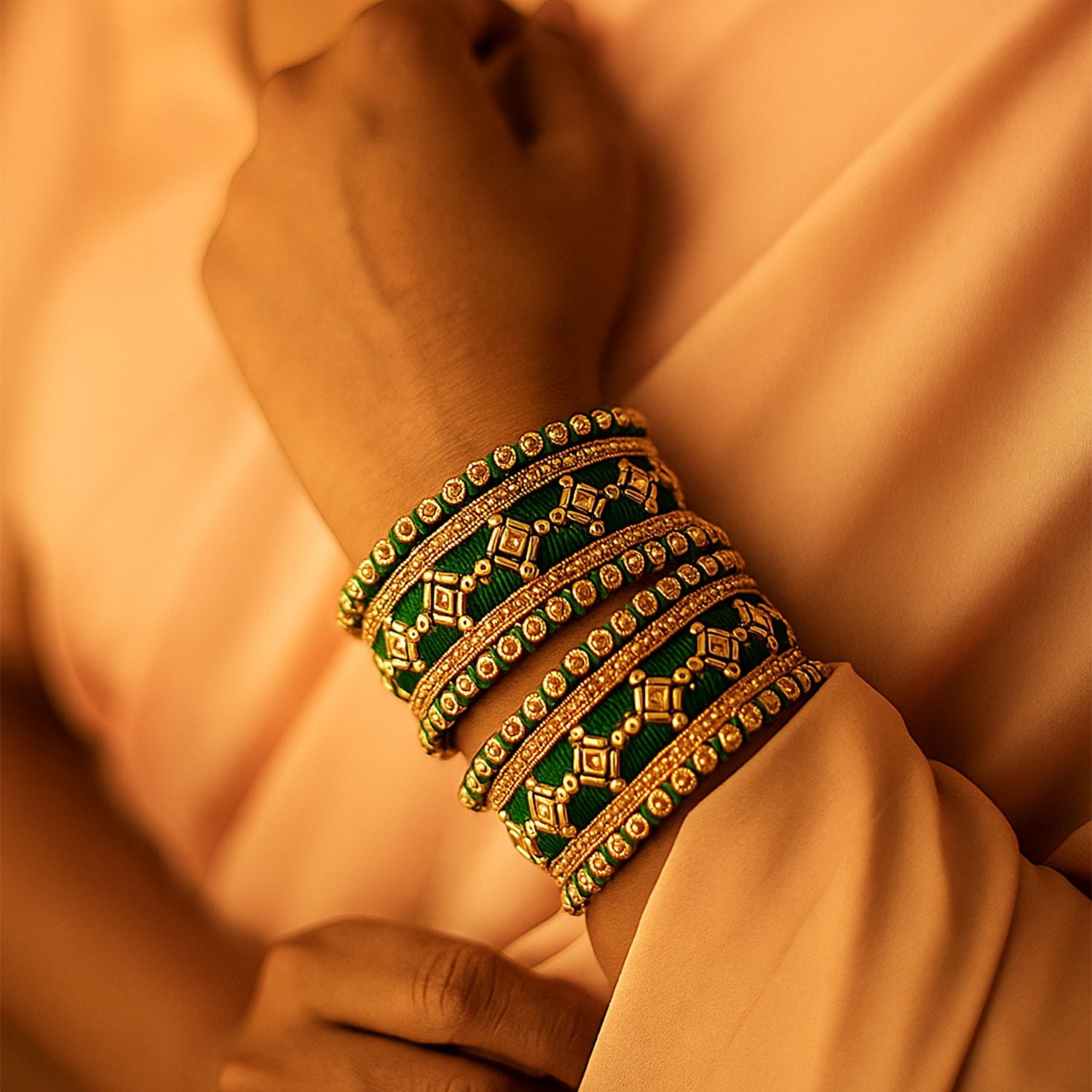 Etnico Gold Plated Traditional Silk Thread Embellishments Bangles Chuda Bangle Set for Bridal/Women ADB558G
