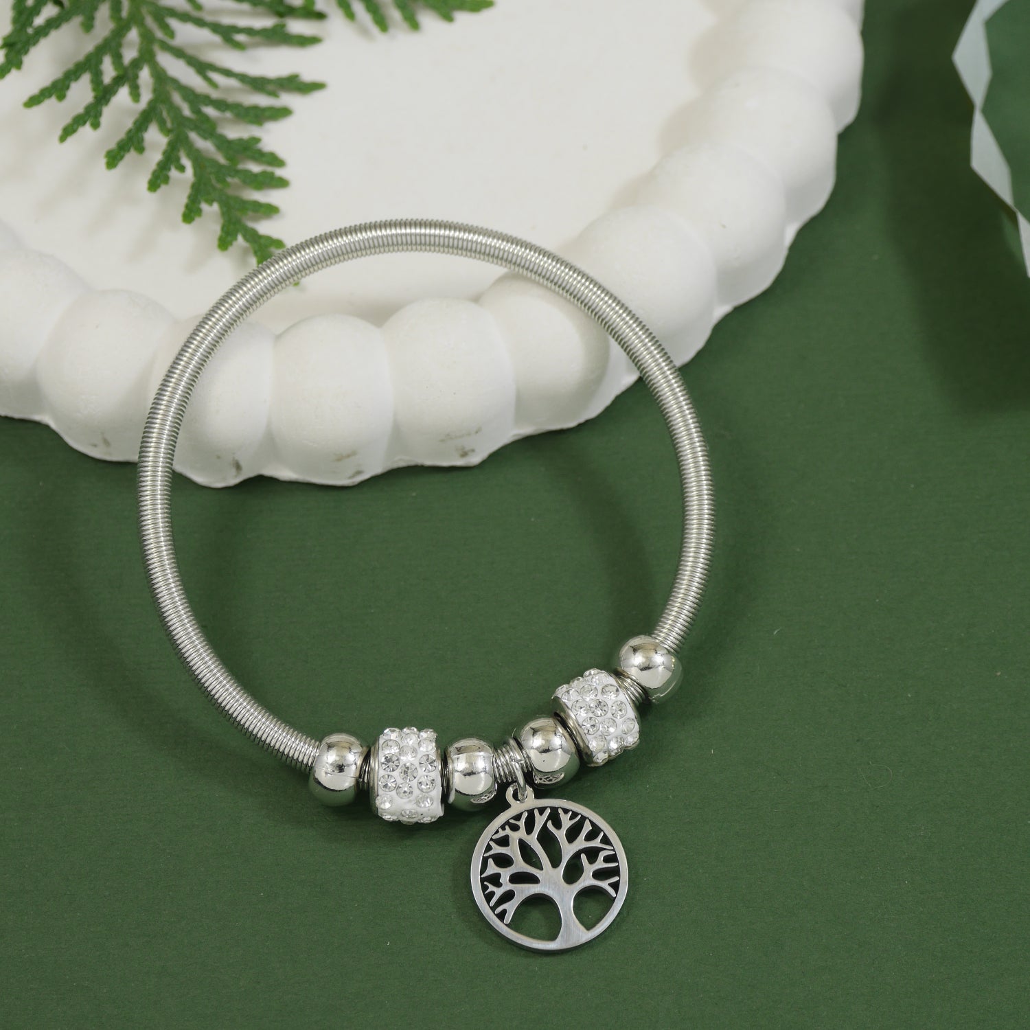 Etnico Fashion Lastest Stylish Silver Plated Adjustable Tree of Life Charm Bracelet with Stone Beads for Women