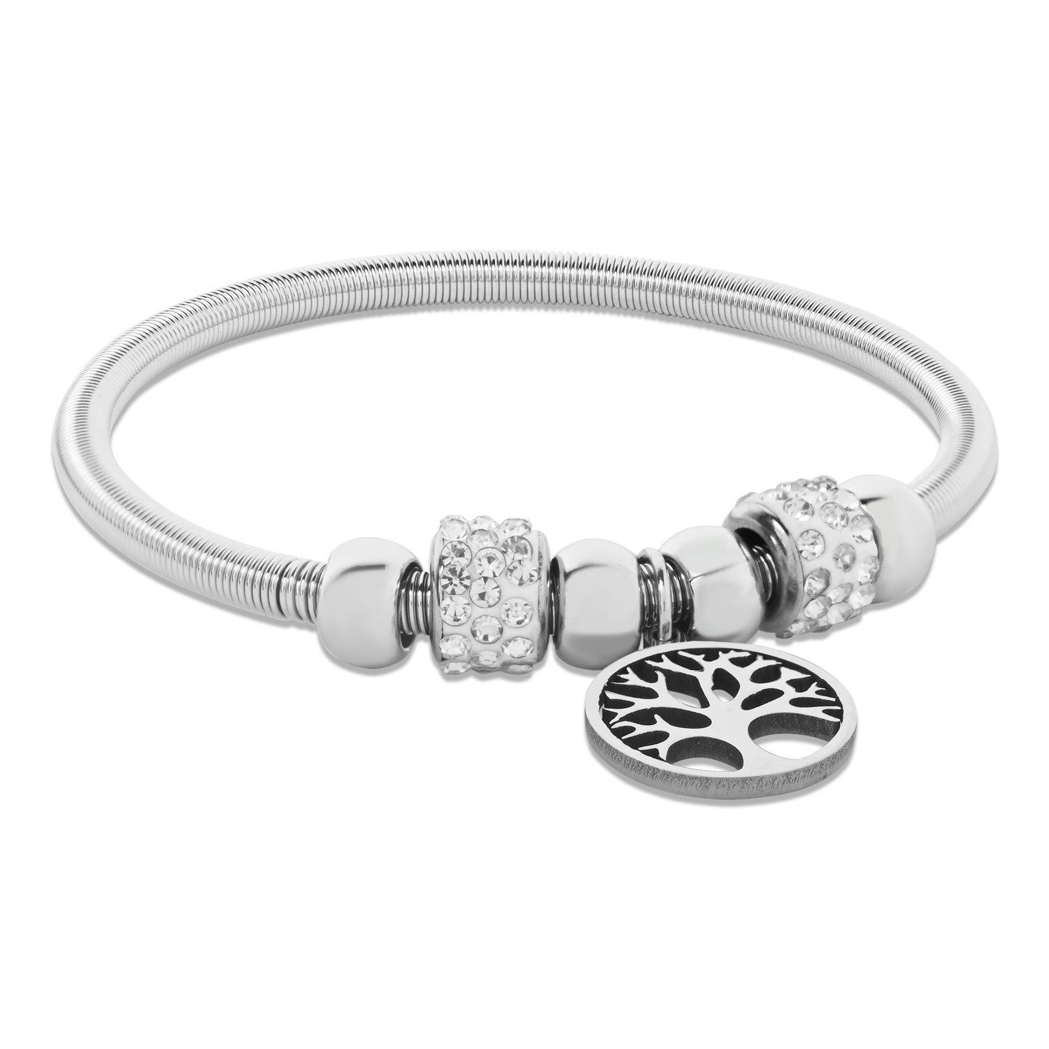 Etnico Fashion Lastest Stylish Silver Plated Adjustable Tree of Life Charm Bracelet with Stone Beads for Women