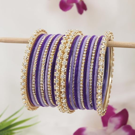 Etnico Gold Plated Traditional Handcrafted Velvet & Stone Work Bangle Chuda Set for Women/Bridal