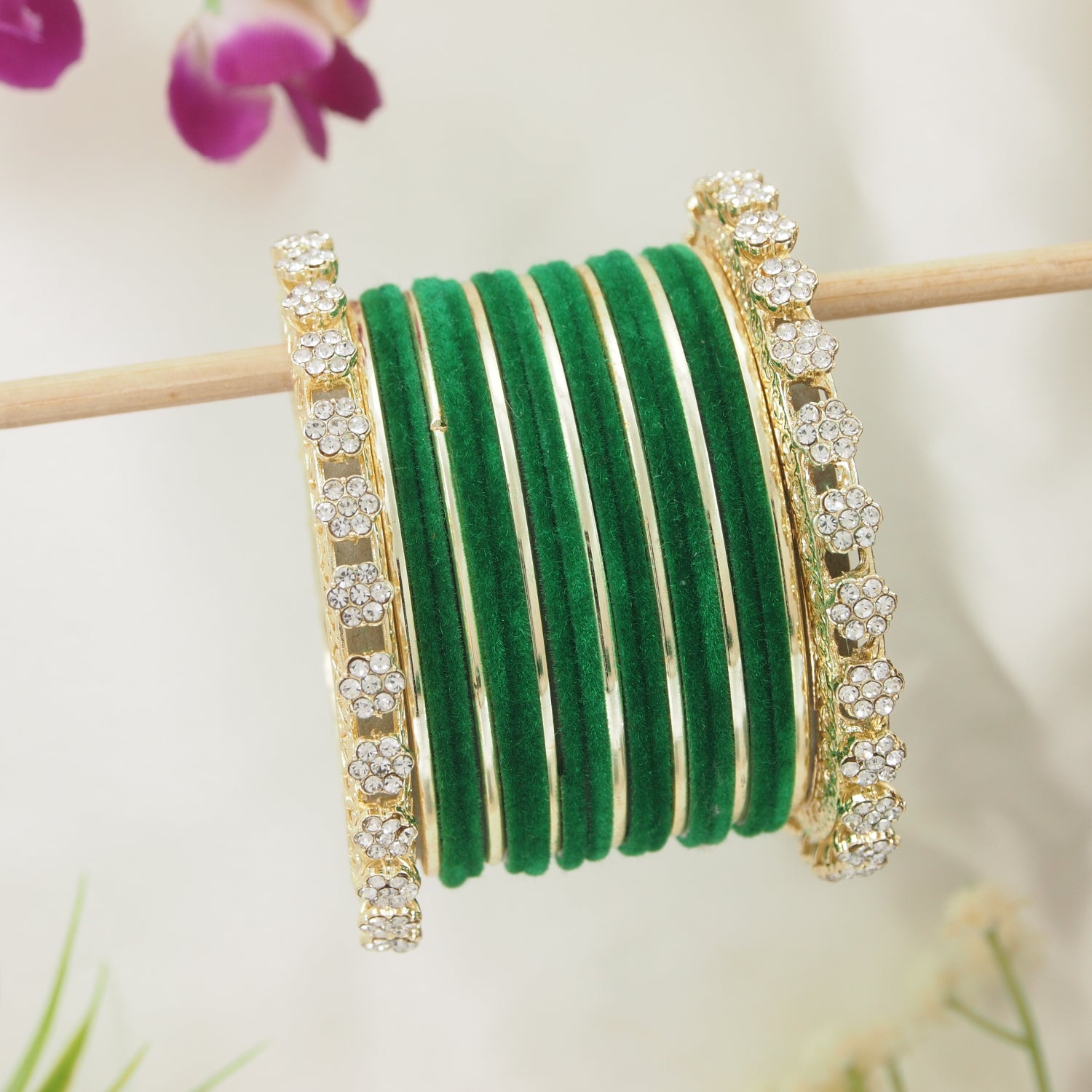 Etnico Gold Plated Traditional Velvet & Stone Embedded Bridal Bangle Set for Women (ADB571G)