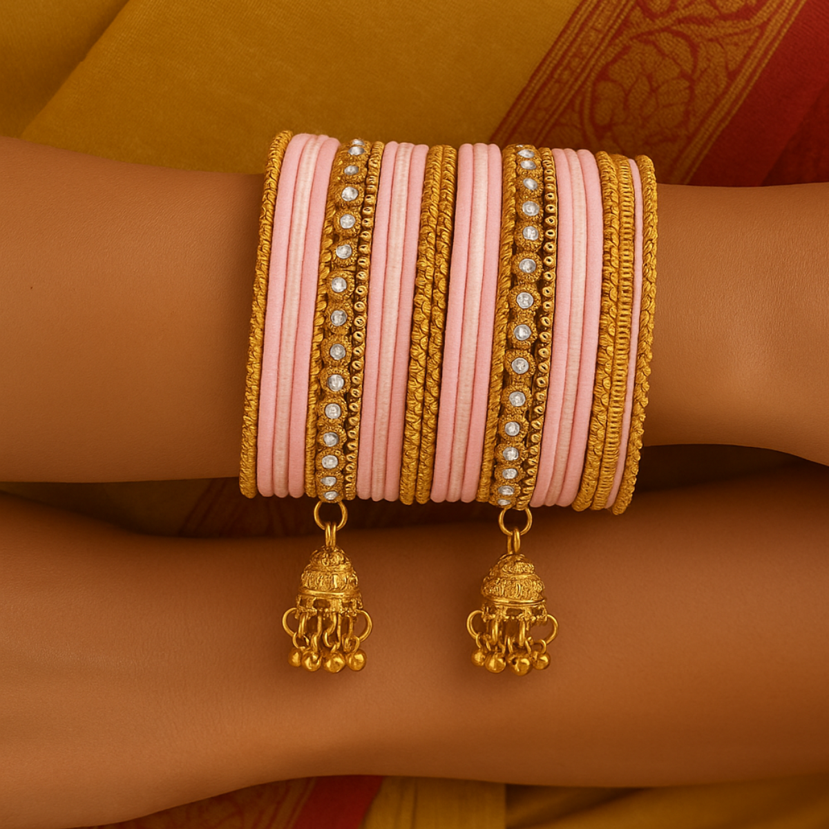 Etnico Gold Plated Traditional Handcrafted Velvet & Stone Embellished Bangles Chuda Bangle Set for Bridal/Women (ADB572Pi)