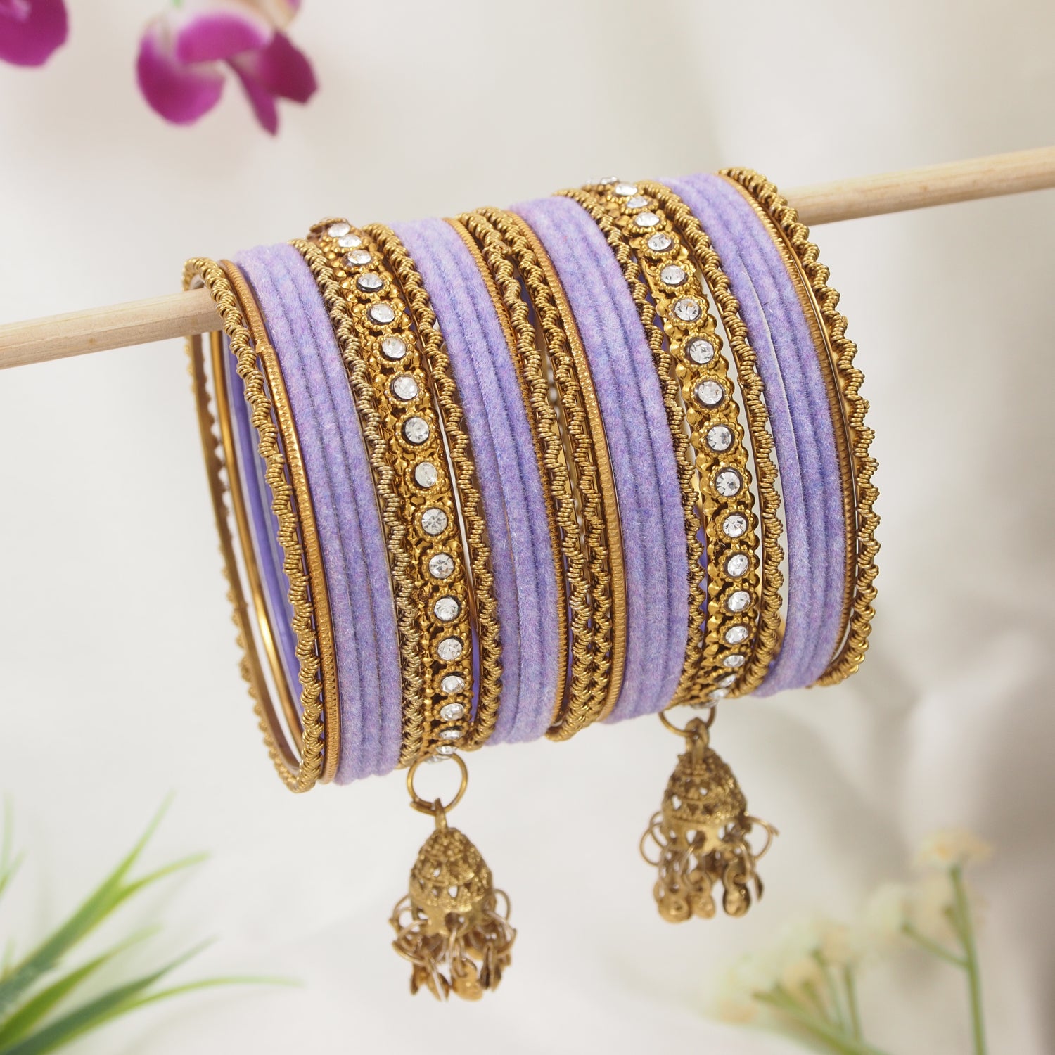 Etnico Traditional Velvet Handcrafted Jhumka Detailing Bridal Bangle Set for Women