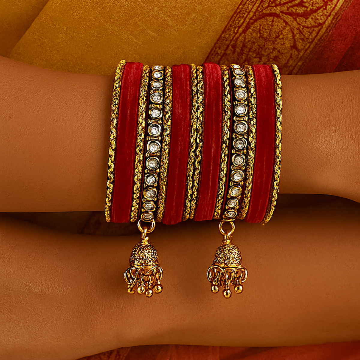 Etnico Gold Plated Traditional Handcrafted Bangles with Latkan Detailing Chuda Bangle Set for Women (ADB572Re)