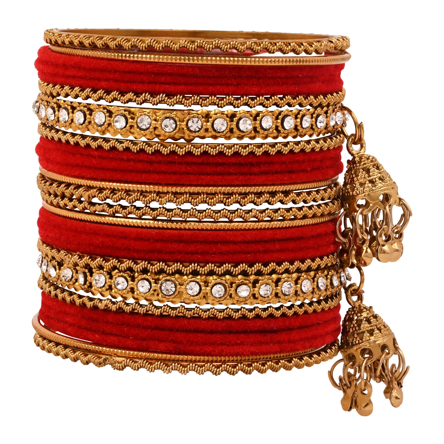 Etnico Gold Plated Traditional Handcrafted Bangles with Latkan Detailing Chuda Bangle Set for Women (ADB572Re)