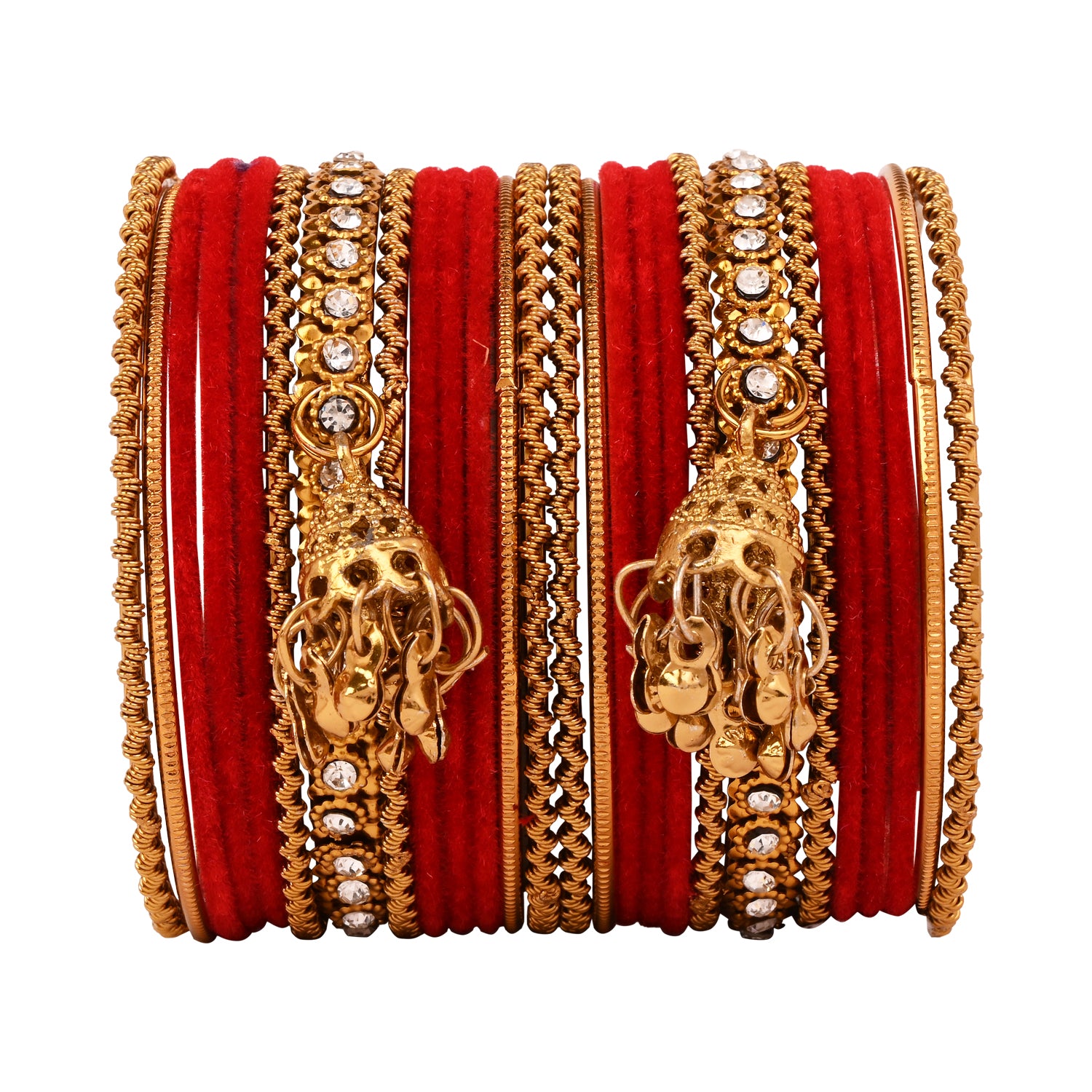 Etnico Gold Plated Traditional Handcrafted Bangles with Latkan Detailing Chuda Bangle Set for Women (ADB572Re)