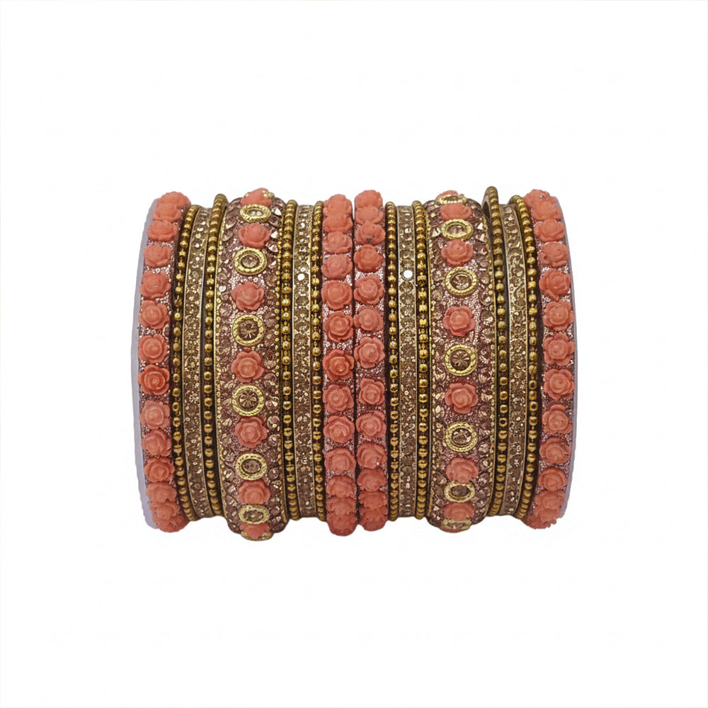 Etnico Gold Plated Traditional Floral Embellished Work Bangles Chuda Bangle Set for Bridal/Women (Peach, )