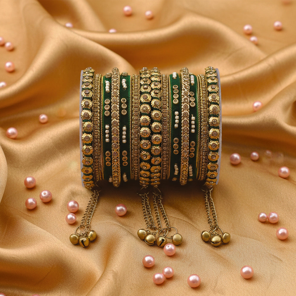Etnico Gold Plated Traditional Velvet Embellished Work & Ghungroo Latkan Detailing Bangles Chuda Bangle Set for Bridal/Women