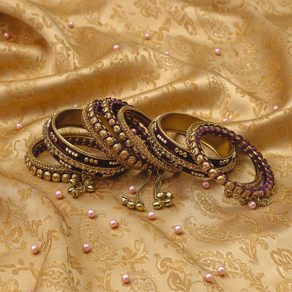 Etnico Gold Plated Traditional Velvet Embellished Work & Ghungroo Latkan Detailing Bangles Chuda Bangle Set for Bridal/Women (Wine, )