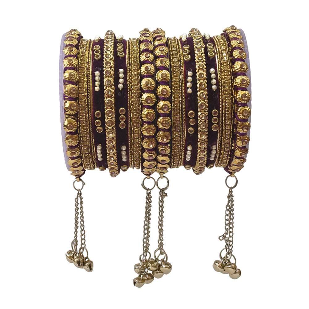 Etnico Gold Plated Traditional Velvet Embellished Work & Ghungroo Latkan Detailing Bangles Chuda Bangle Set for Bridal/Women (Wine, )