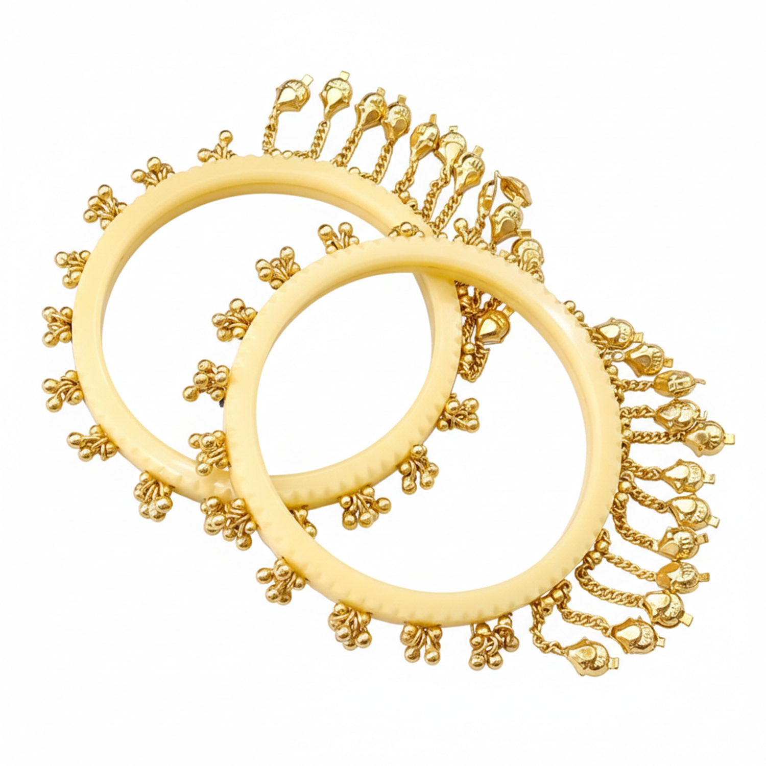 Etnico Traditional Ivory-Tone Bangles with Brass Stud Detailing and Hanging Ghungroo Charms for Women (ADB595Cr)
