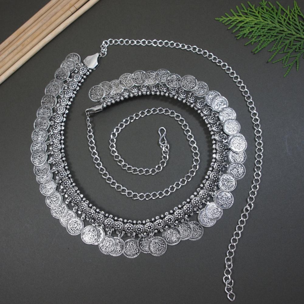 Etnico Silver Oxidised Coin Tassel Adjustable Boho Waist Chain