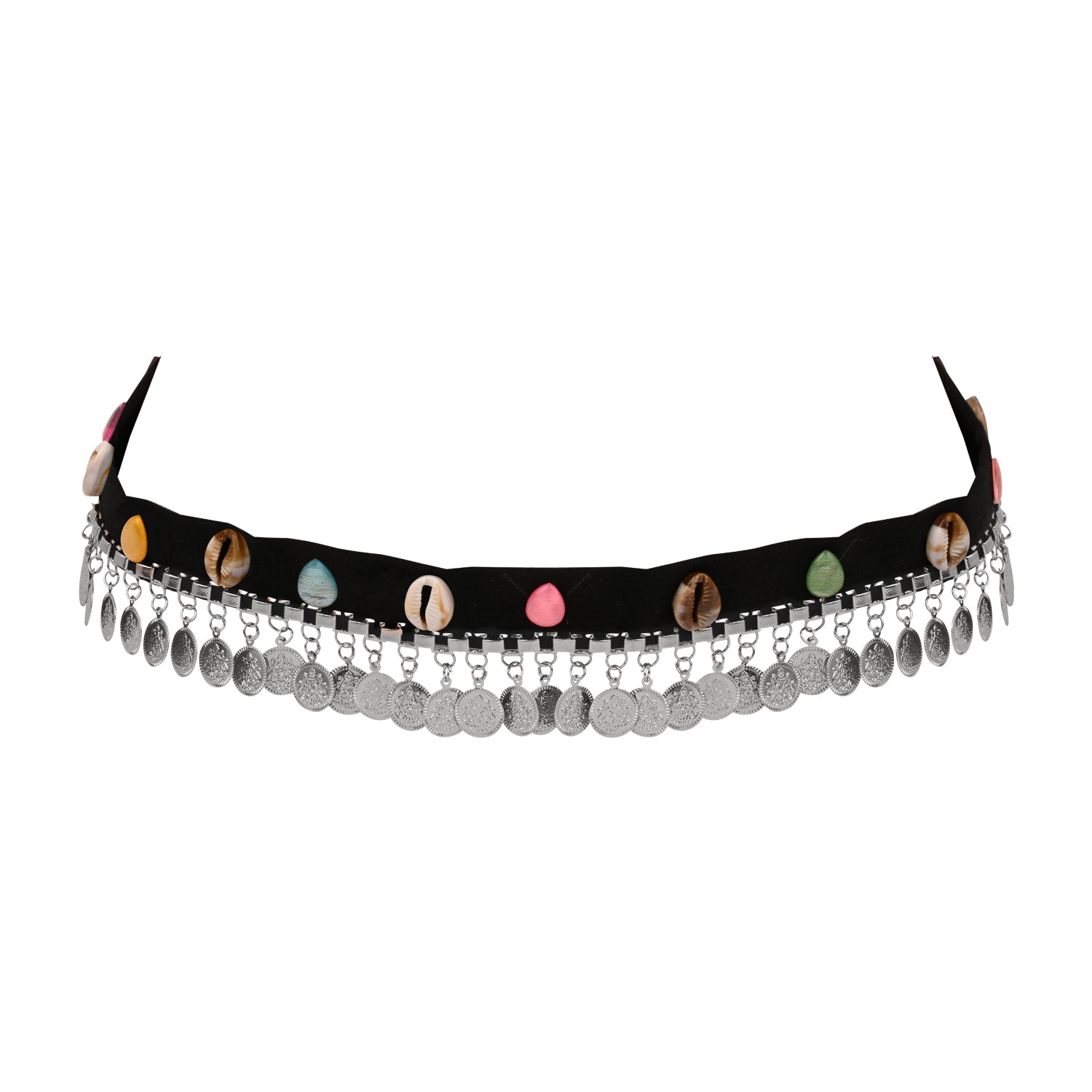 Etnico Navratri Silver Oxidised Traditional Cowrie Shell & Coin Adjustable kamarband/Belly Chain/hip chain/Wait chain For Women (B072S)