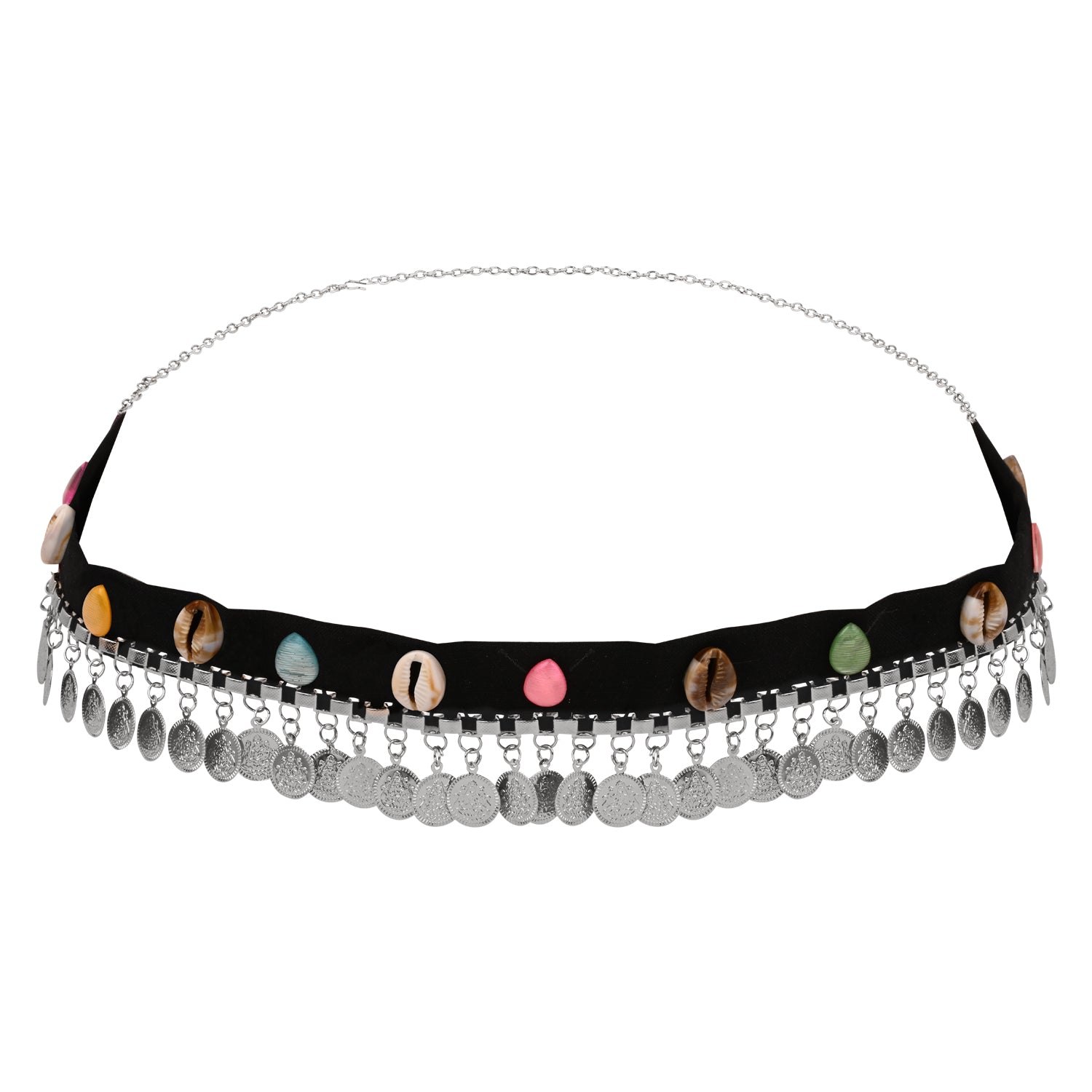 Etnico Navratri Silver Oxidised Traditional Cowrie Shell & Coin Adjustable kamarband/Belly Chain/hip chain/Wait chain For Women (B072S)