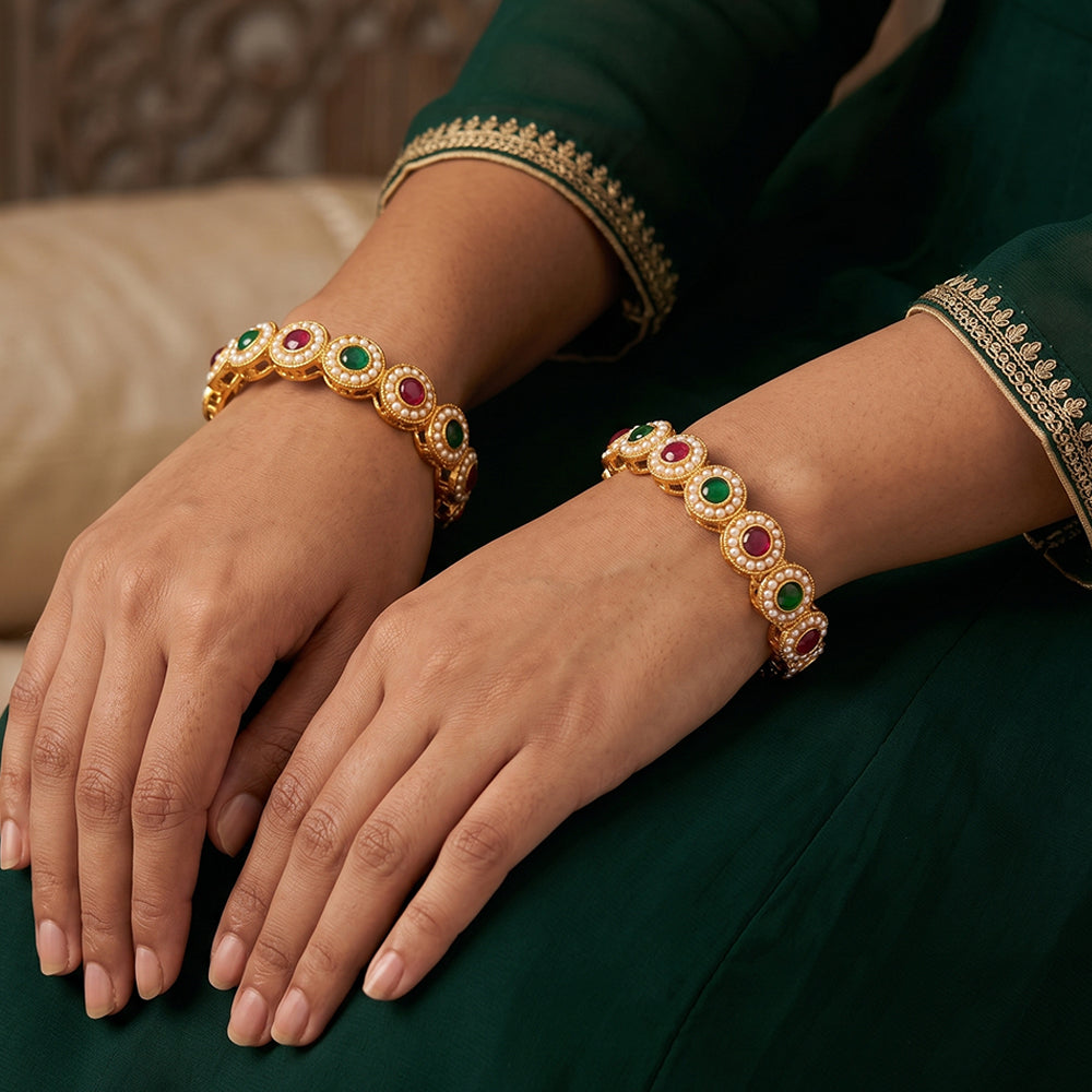 Js Fashion Antique Full Stone High Gold Polish Fancy Style 2 Bangles Set