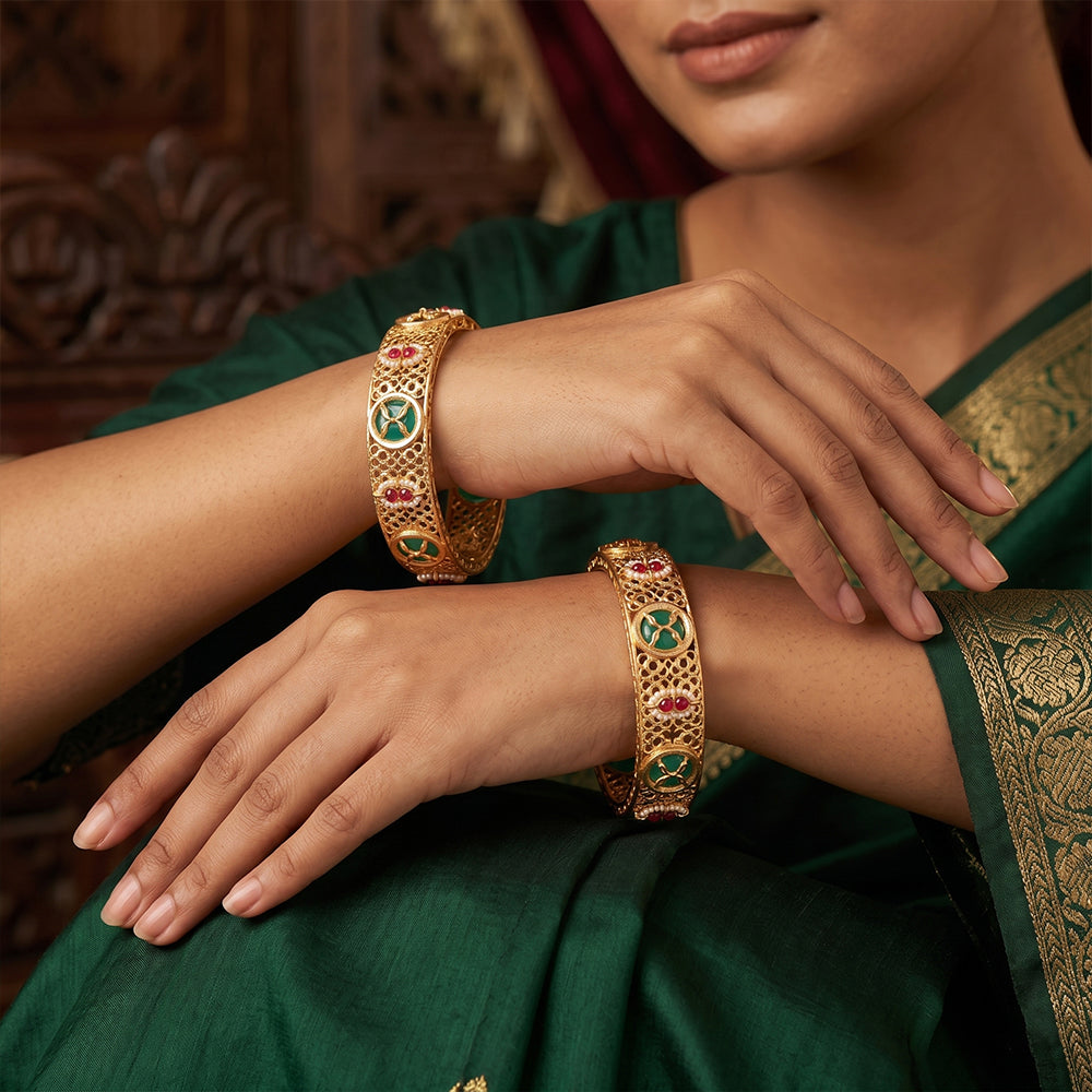 Js Fashion Traditional High Gold Bangles with Floral Jali Pattern