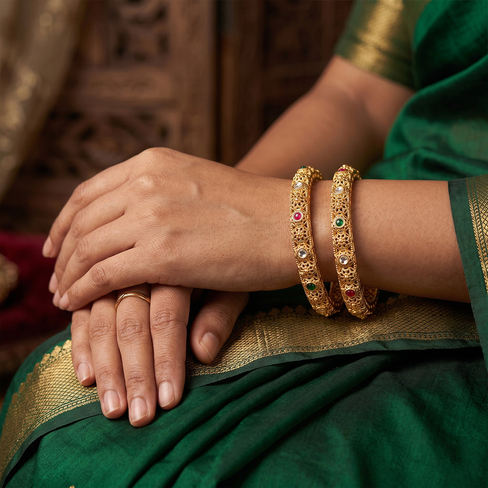 Js Fashion Antique High Gold Bangles with Intricate Jali Design