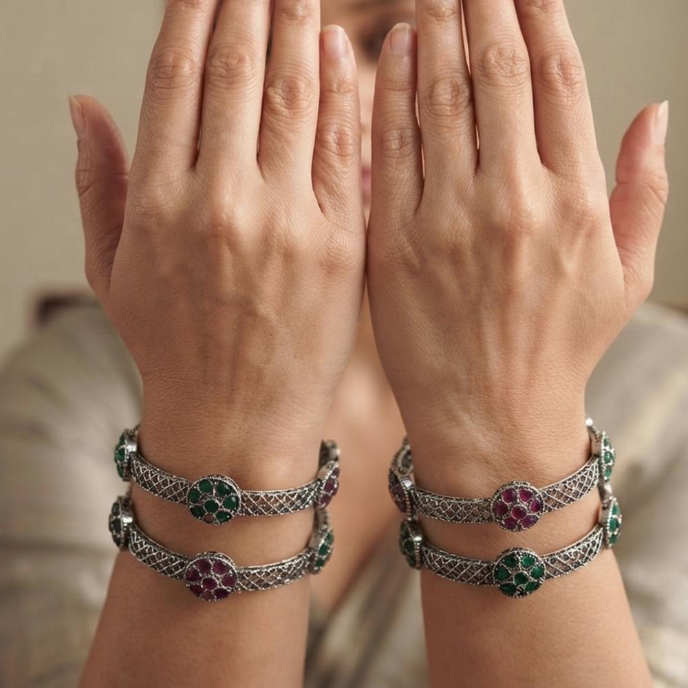 Js Fashion Oxidized Floral Stone Bangle Set for Women