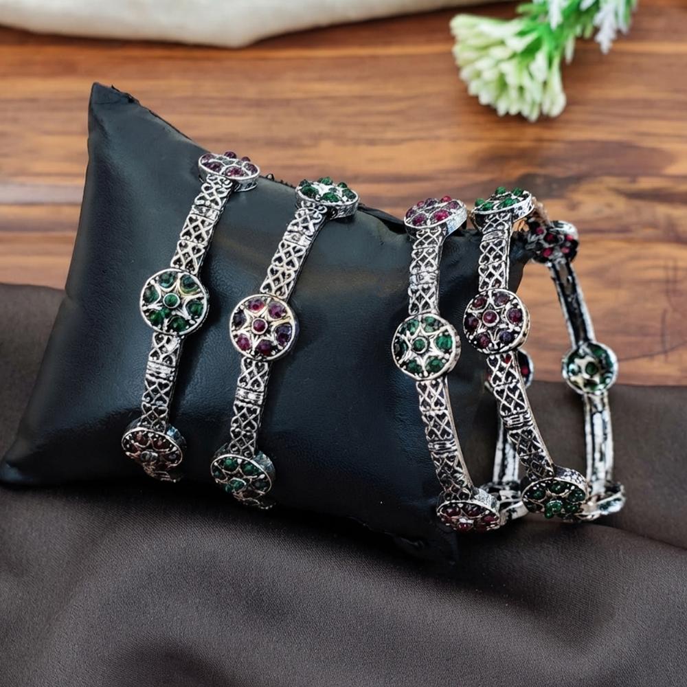 Js Fashion Oxidized Floral Stone Bangle Set for Women
