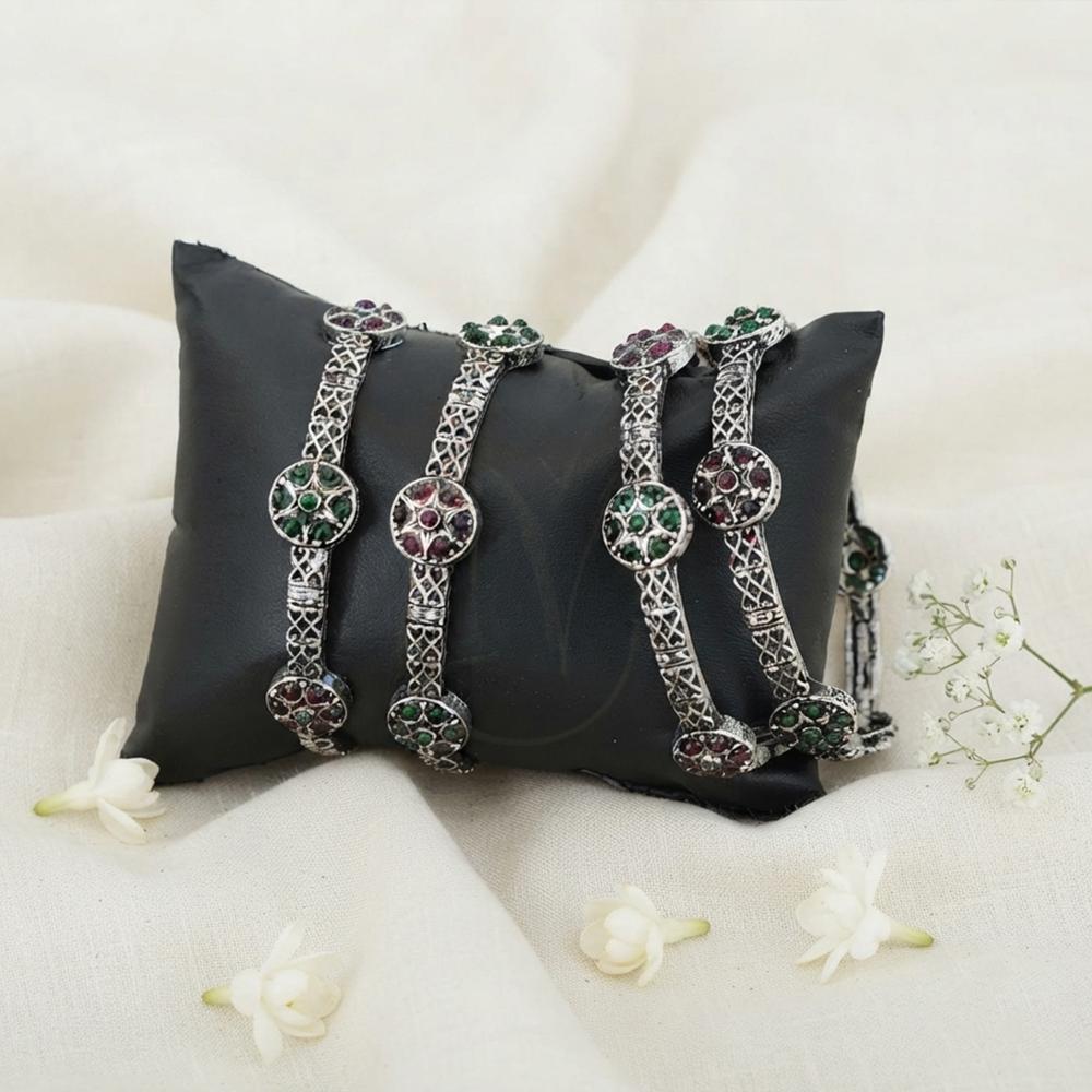 Js Fashion Oxidized Floral Stone Bangle Set for Women