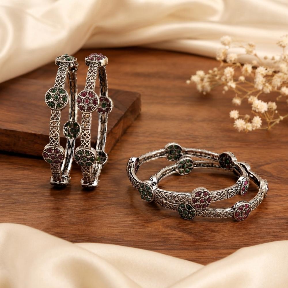 Js Fashion Oxidized Floral Stone Bangle Set for Women