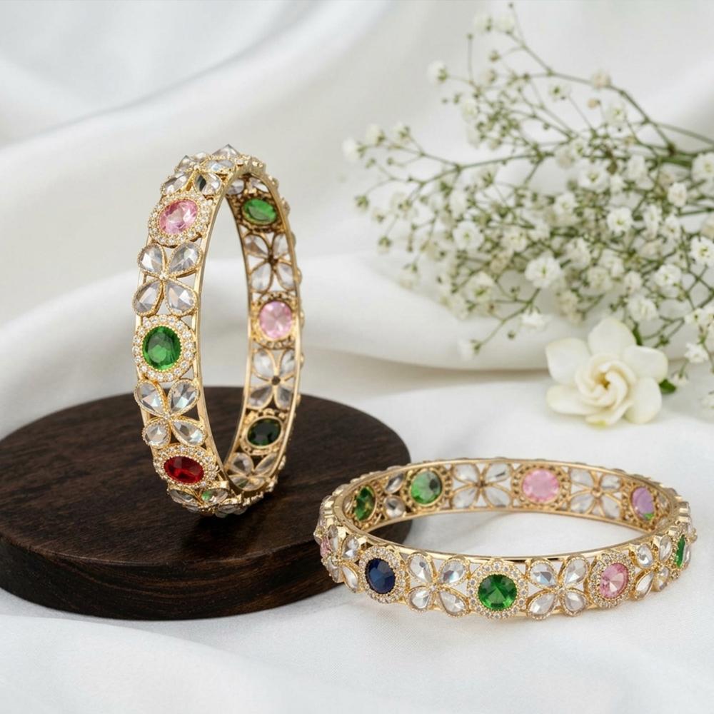 Js Fashion Elegant High Gold Floral Stone Set of 2 Bangle for Women