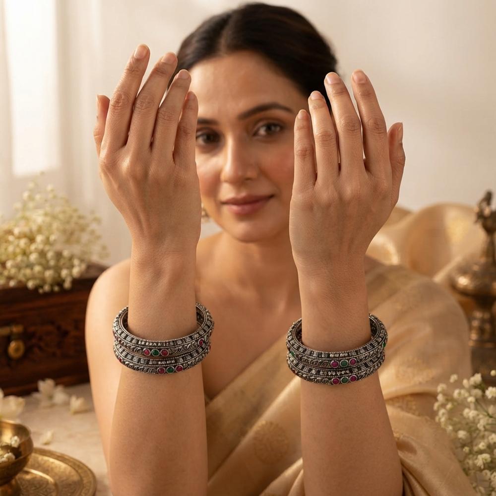 Js Fashion Oxidized Silver Traditional Designer Bangle Set