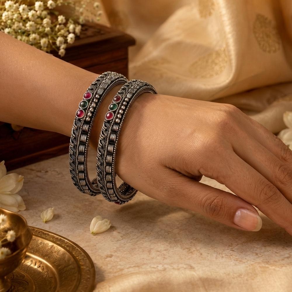 Js Fashion Oxidized Silver Traditional Designer Bangle Set