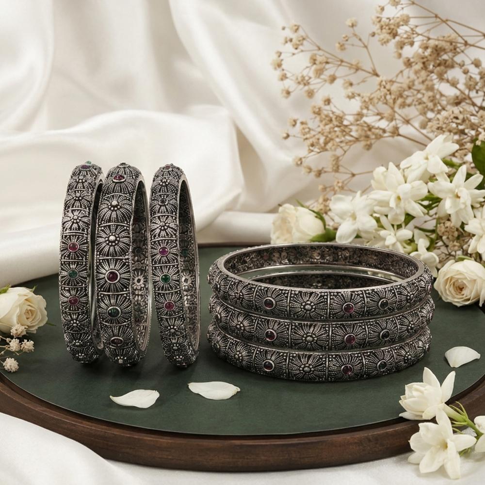 Js Fashion Elegant Oxidized Silver Antique Set of 6 Bangles for Women