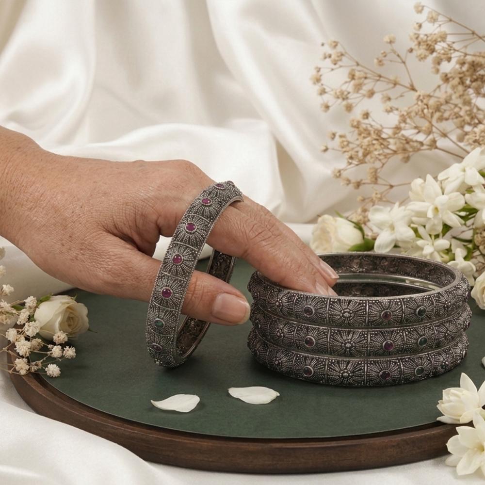 Js Fashion Elegant Oxidized Silver Antique Set of 6 Bangles for Women