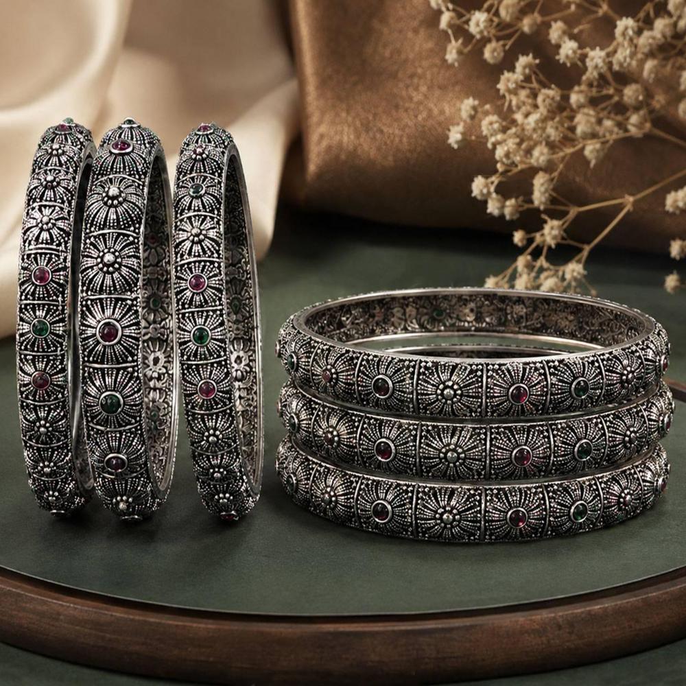 Js Fashion Elegant Oxidized Silver Antique Set of 6 Bangles for Women
