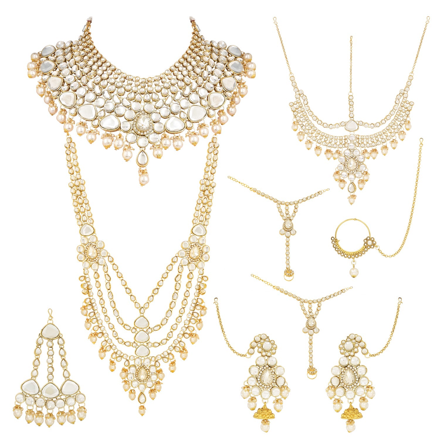 Etnico Wedding Collection Traditional Ethnic Gold Plated Pearl & Kundan Stone Work Bridal Jewellery Set For Women