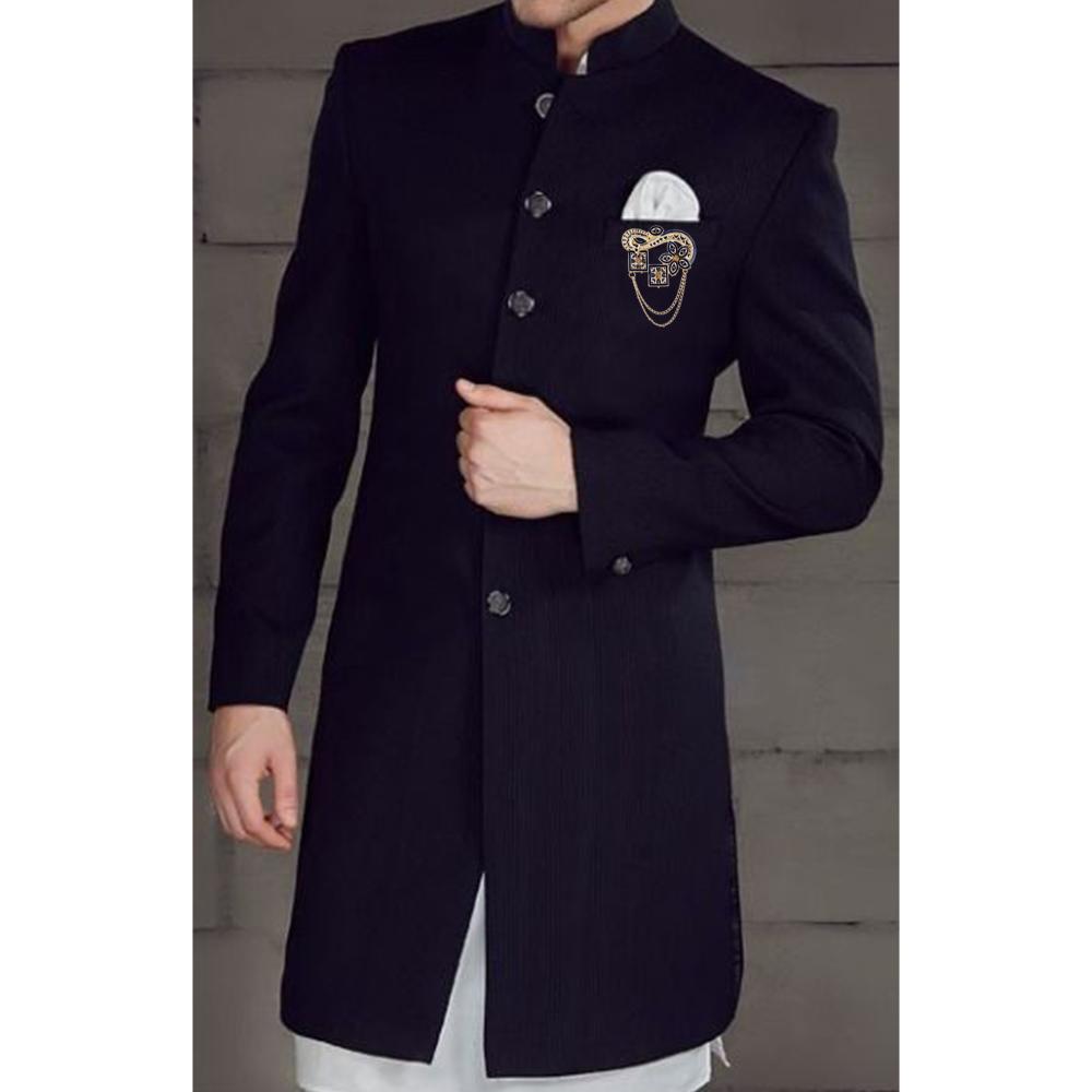 Mahi Navy Blue Meenakari Work Enamel Square and Floral Design Dual Layer Chain Shervani / Indowestern Brooch for Men (BP1101119GNBlu)