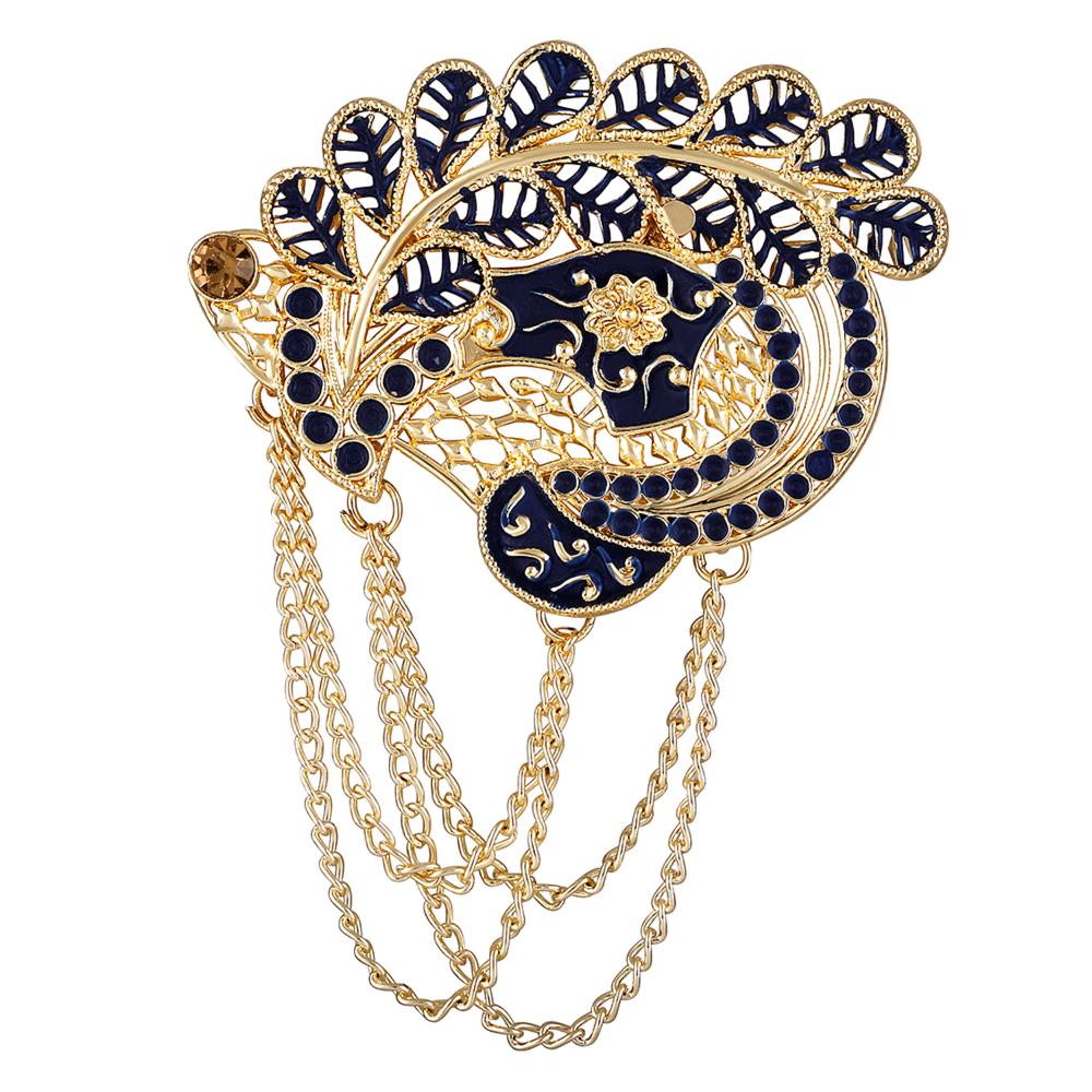 Mahi Navy Blue Meenakari Enamel Peacock Shaped with Hanging Chain Brooch for Men (BP1101125GNBlu)