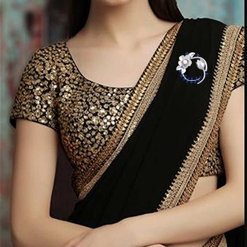 Mahi Rhodium Plated Floral Shaped Crystal Studded Saree Pin / Wedding Brooch for Women (BP1101142RBlu)