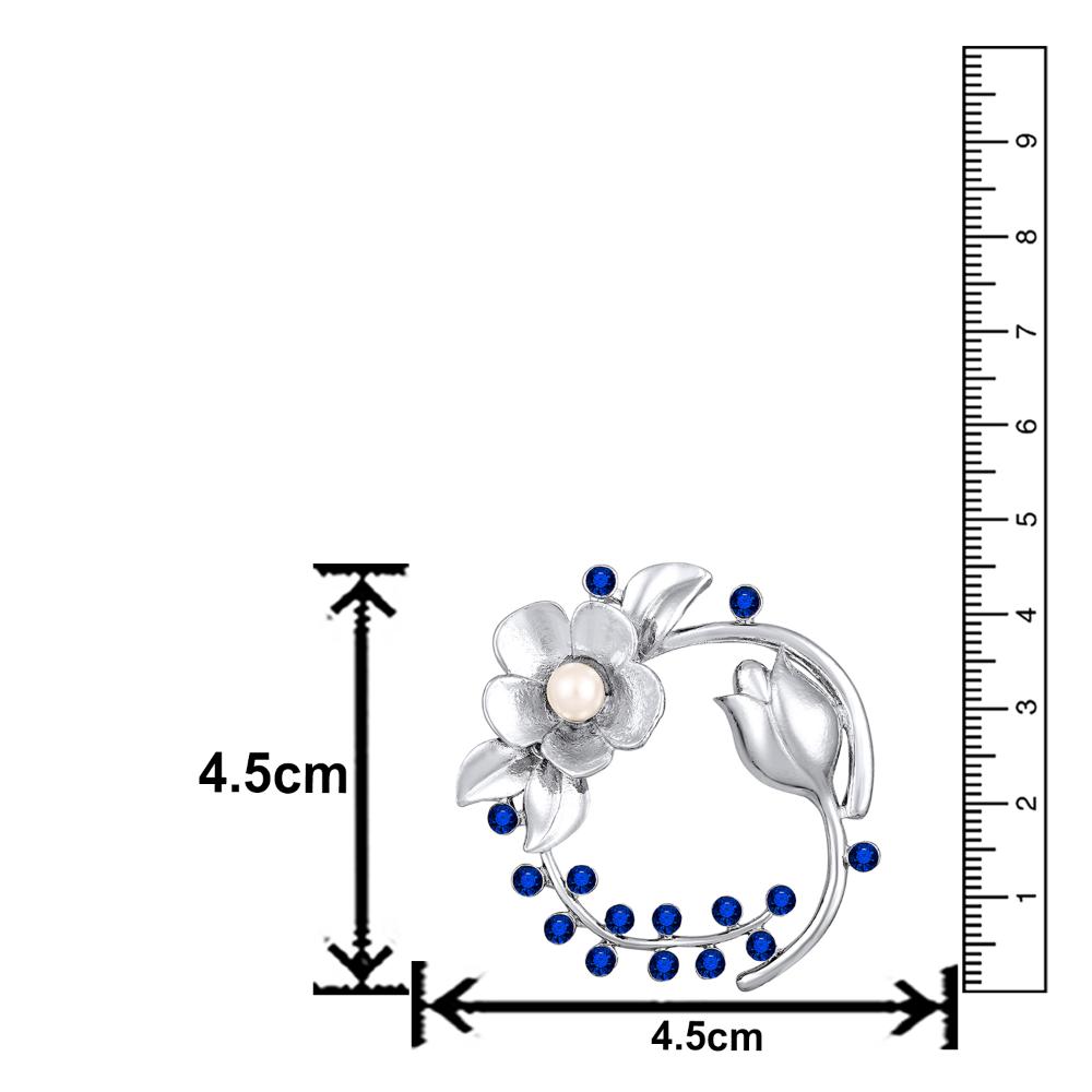 Mahi Rhodium Plated Floral Shaped Crystal Studded Saree Pin / Wedding Brooch for Women (BP1101142RBlu)