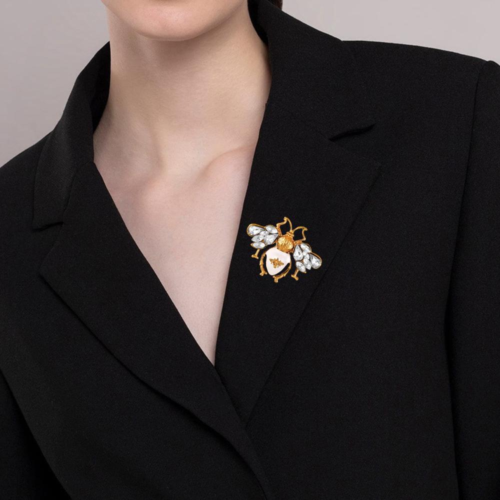 Mahi White Meenakari Bee-Shaped Wedding Brooch Lapel Pin with