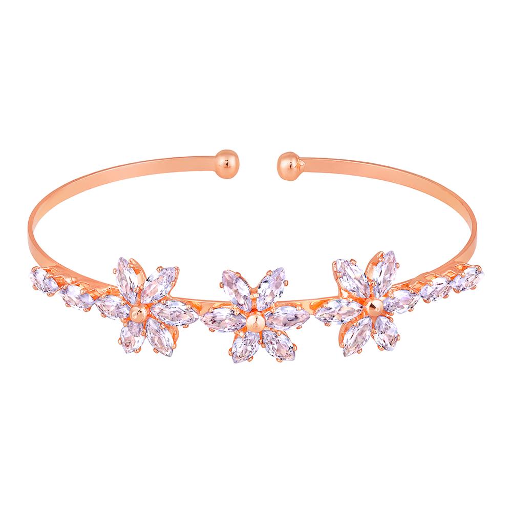 Mahi Rosegold Plated Floral Design White Cubic Zriconia CZ Studded Adjustable Kada / Bracelet for Women (BR1101048ZWhi)