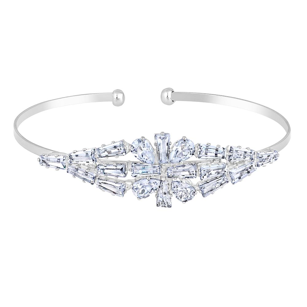 Mahi Rhodium Plated Floral Design White Cubic Zriconia CZ Studded Adjustable Kada / Bracelet for Women (BR1101051RWhi)