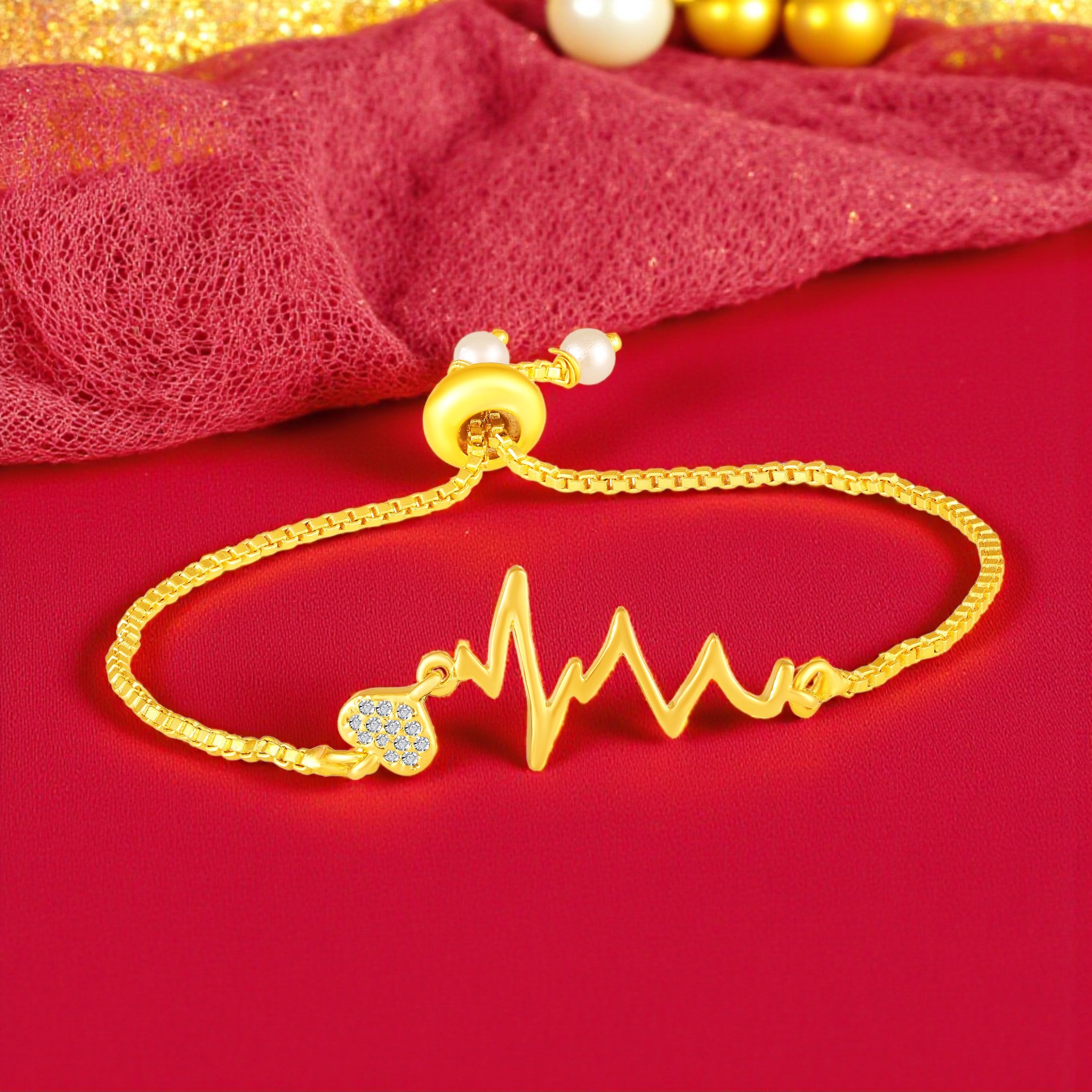 Mahi Pulse of Love Heartbeat Bracelet | Gold Plated Crystal Studded Heart for Women | Adjustable Slider (BR1101092GWhi)