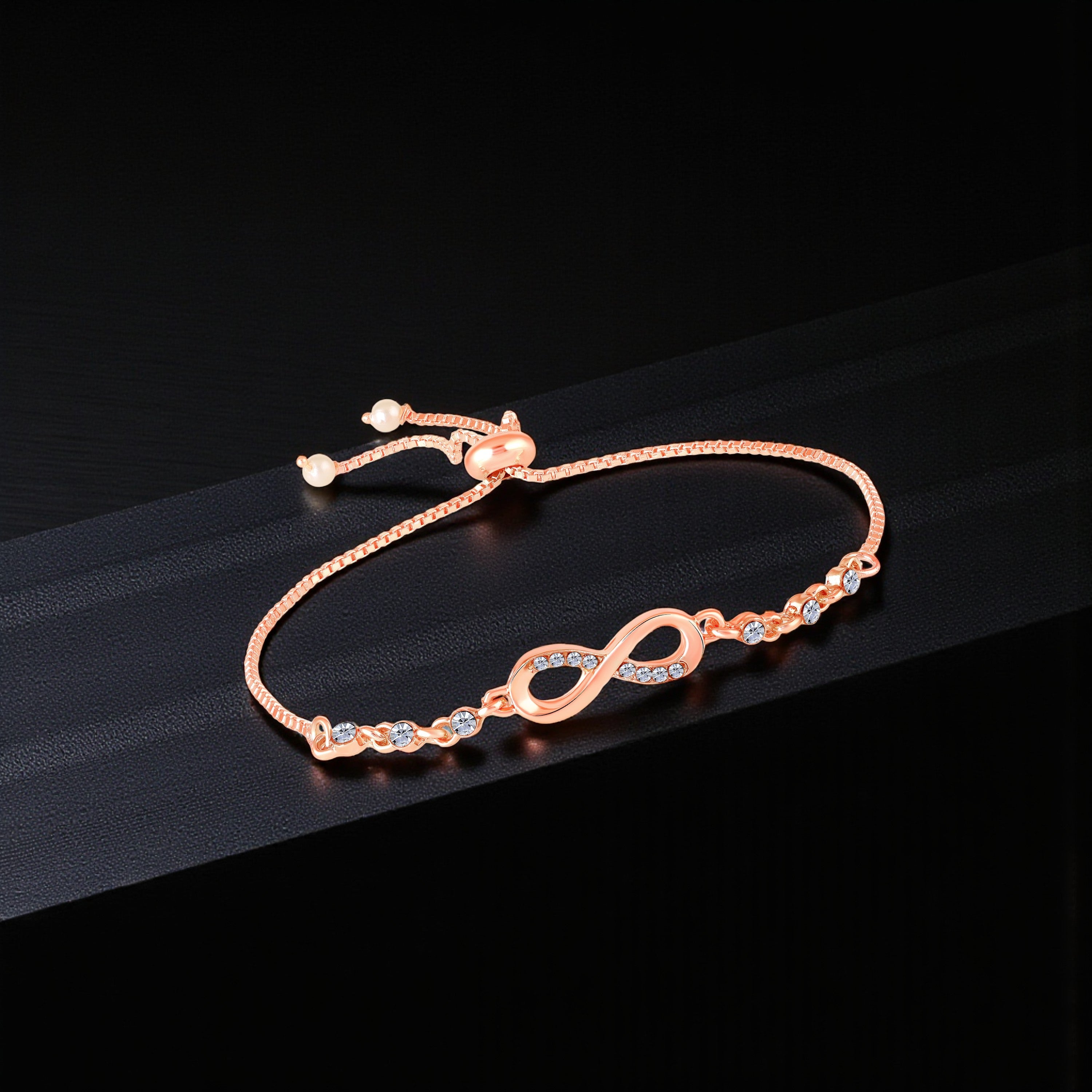 Mahi Adjustable Infinity Bracelet with Elegant White Crystal and Rose Gold Plating Bracelet for Women (BR1101101ZWhi)