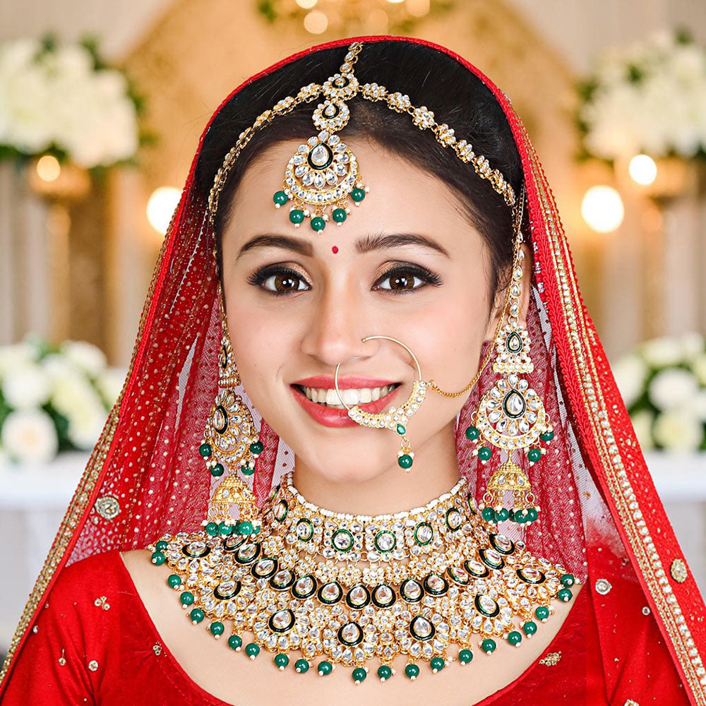 Knigght Angel Gold Plated Royal Kundan Stone And Beads Semi Bridal Necklace Set
