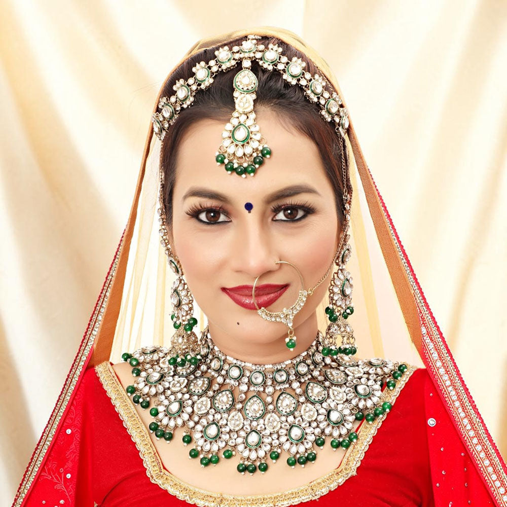 Knigght Angel Gold Plated Royal Kundan Stone And Beads Semi Bridal Necklace Set